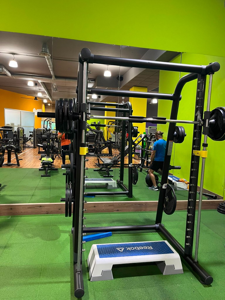 Multipower Technogym in sala pesi con step Reebok e pavimento verde, riflesso allenamento