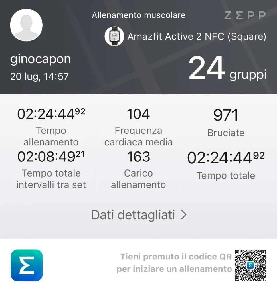 Screenshot Zepp riepilogo 20 luglio — 24 gruppi, durata device 02:24:44