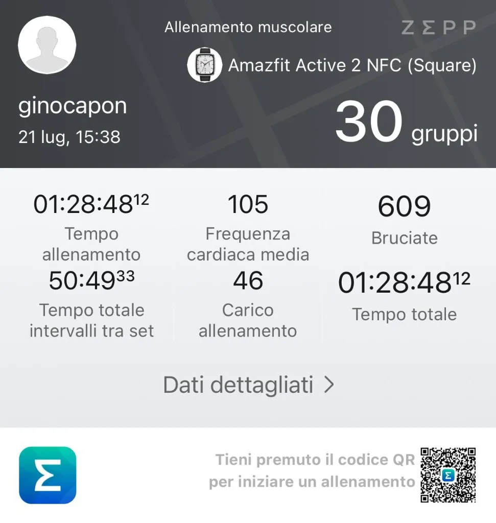 Screenshot Zepp riepilogo sessione 21 luglio Scheda 2 — 30 gruppi, 609 kcal, FC 105 bpm