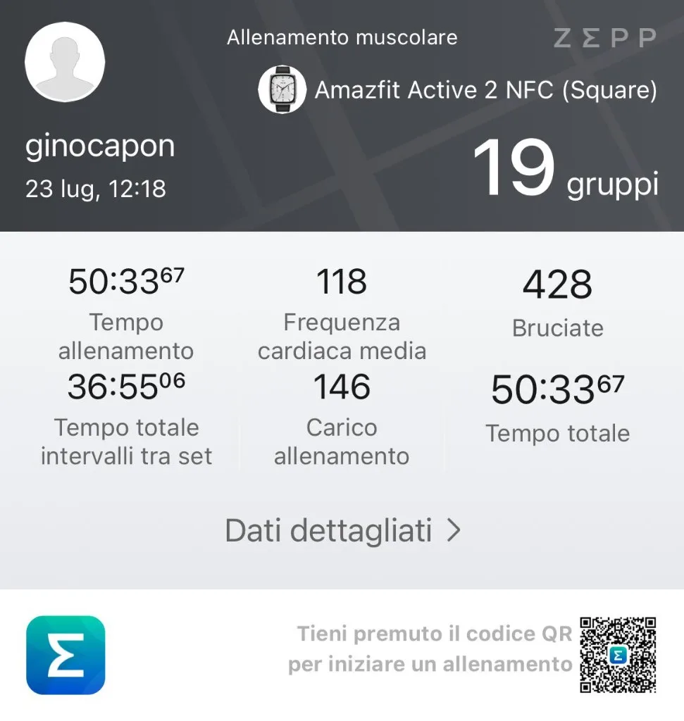 Screenshot Zepp riepilogo sessione 23 luglio Scheda 3 — 19 gruppi, 428 kcal, FC 118 bpm