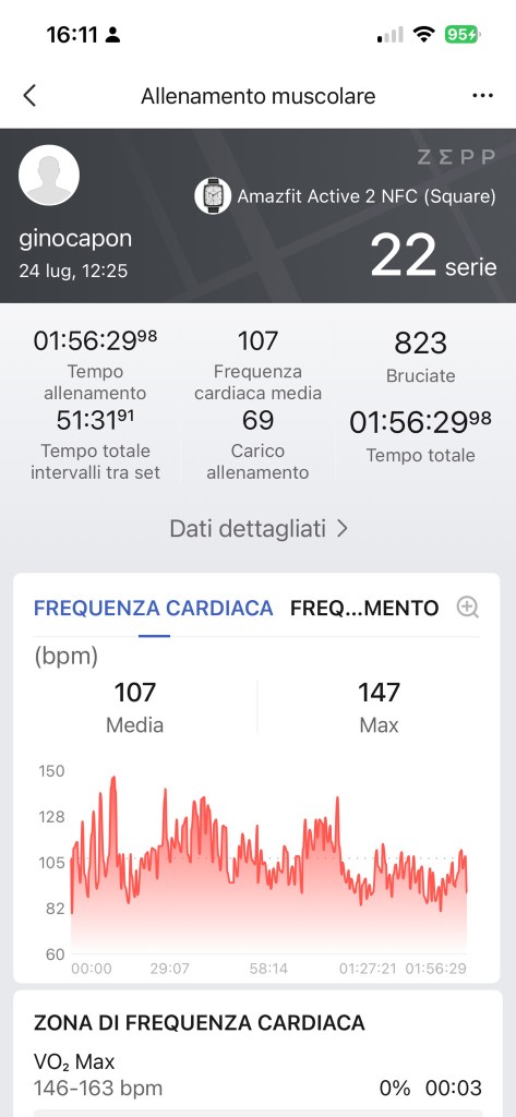 Grafico frequenza cardiaca Zepp — sessione 24 luglio, FC media 107 e max 147 bpm