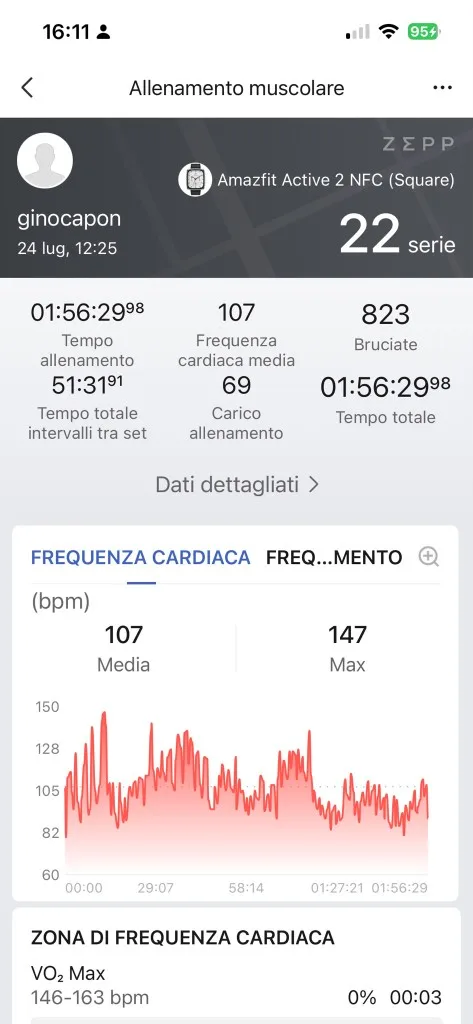Grafico frequenza cardiaca Zepp — sessione 24 luglio, FC media 107 e max 147 bpm