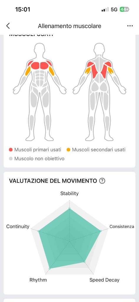 Valutazione tecnica Zepp — petto e dorsali primari, radar consistenza e stabilità alte