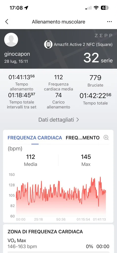 Grafico frequenza cardiaca Zepp — sessione 28 luglio, FC media 112 e max 145 bpm