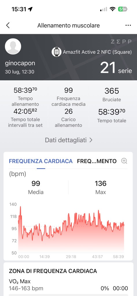 Screenshot Zepp riepilogo 30 luglio Scheda 3 — 21 serie, 365 kcal, FC 99 bpm, durata 58:39