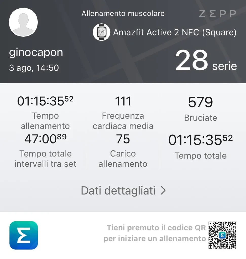 Screenshot Zepp riepilogo 3 agosto Scheda 1 — 28 serie, 579 kcal, FC 111 bpm, durata 01:15:36, carico 75
