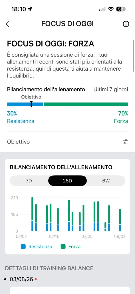 Training Balance Zepp — Focus di oggi FORZA, bilanciamento 7 gg Forza 70% Resistenza 30%