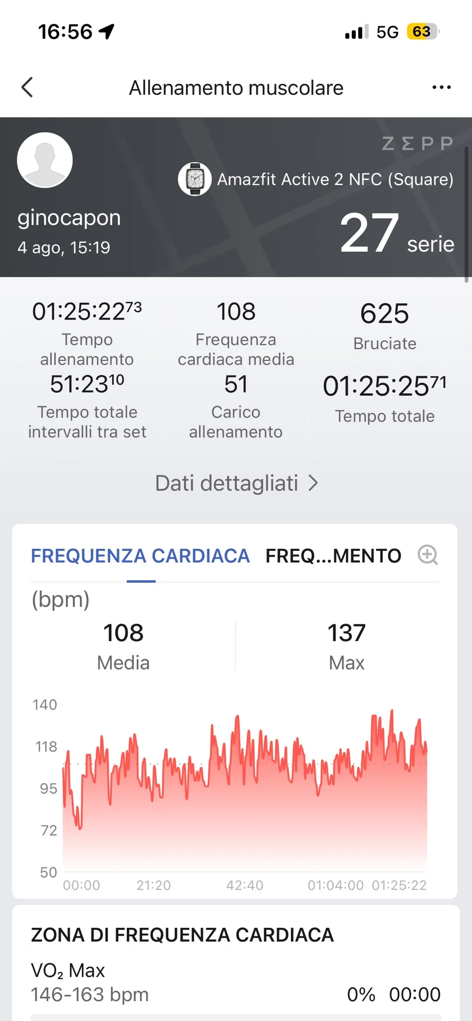 Grafico frequenza cardiaca Zepp 4 agosto — FC media 108 max 137 bpm, allenamento muscolare gambe bicipiti