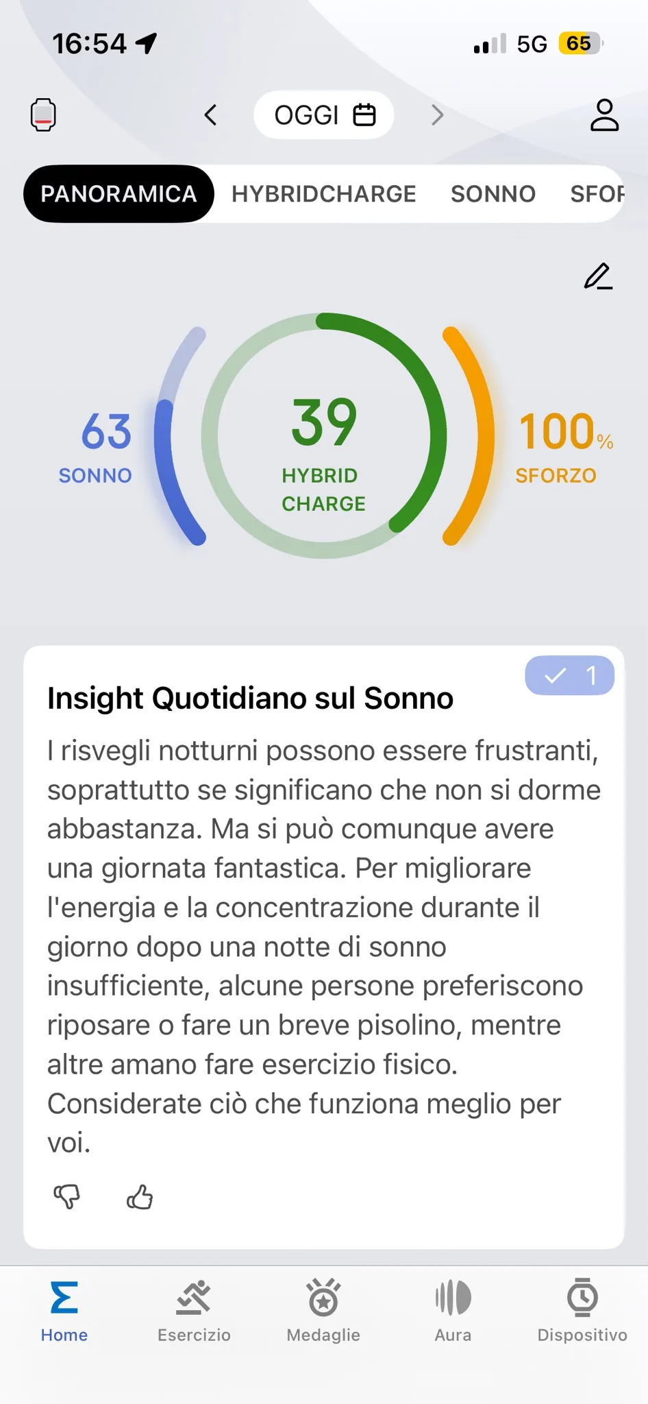 Panoramica Zepp 4 agosto — sonno 63, HybridCharge 39, sforzo 100%, Gino Capon allenamento muscolare Italia