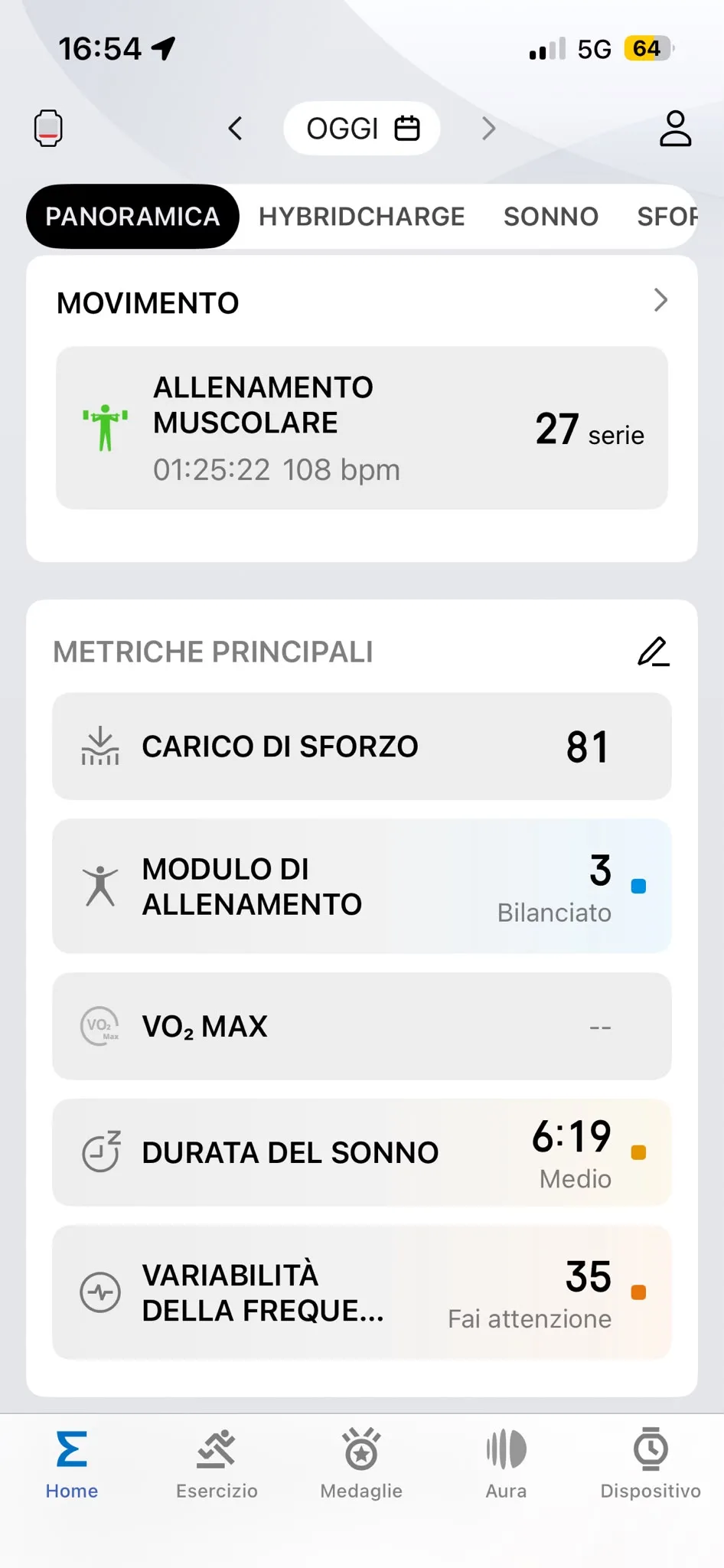 Metriche principali Zepp 4 agosto — carico sforzo 81, HRV 35, modulo 3 Bilanciato, sonno 6:19