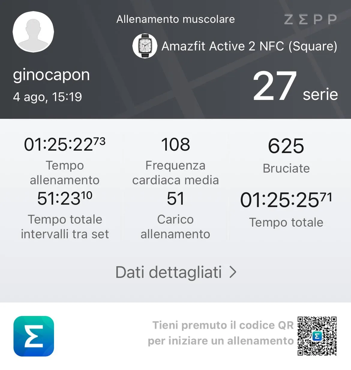 Riepilogo Zepp 4 agosto Scheda 2 gambe bicipiti — 27 serie, 625 kcal, FC 108 bpm, carico 51, Gino Capon Amazfit