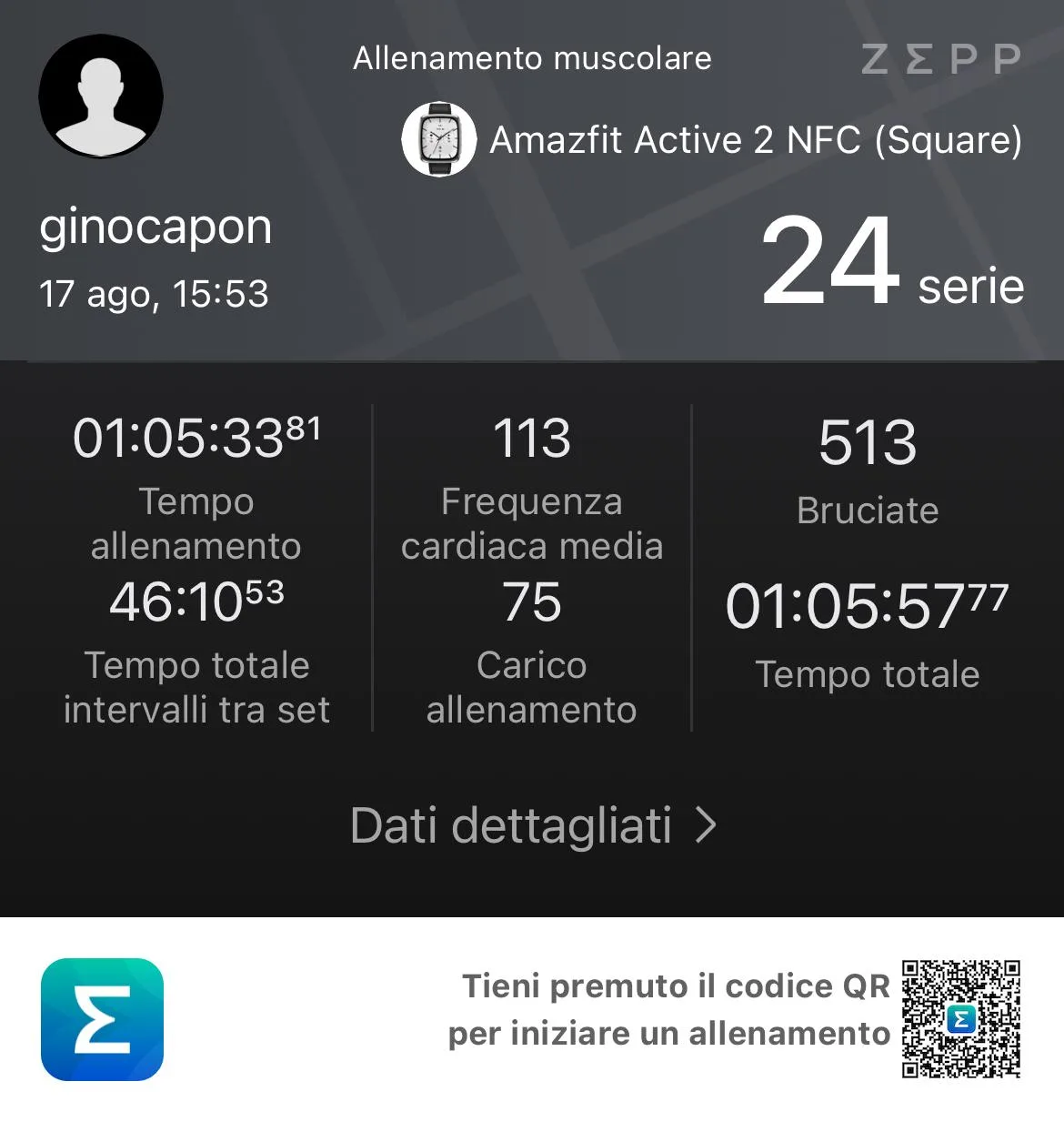 Riepilogo Zepp 17 agosto Scheda 1 — 24 serie, 513 kcal, FC 113 bpm, durata 01:05:33, carico 75