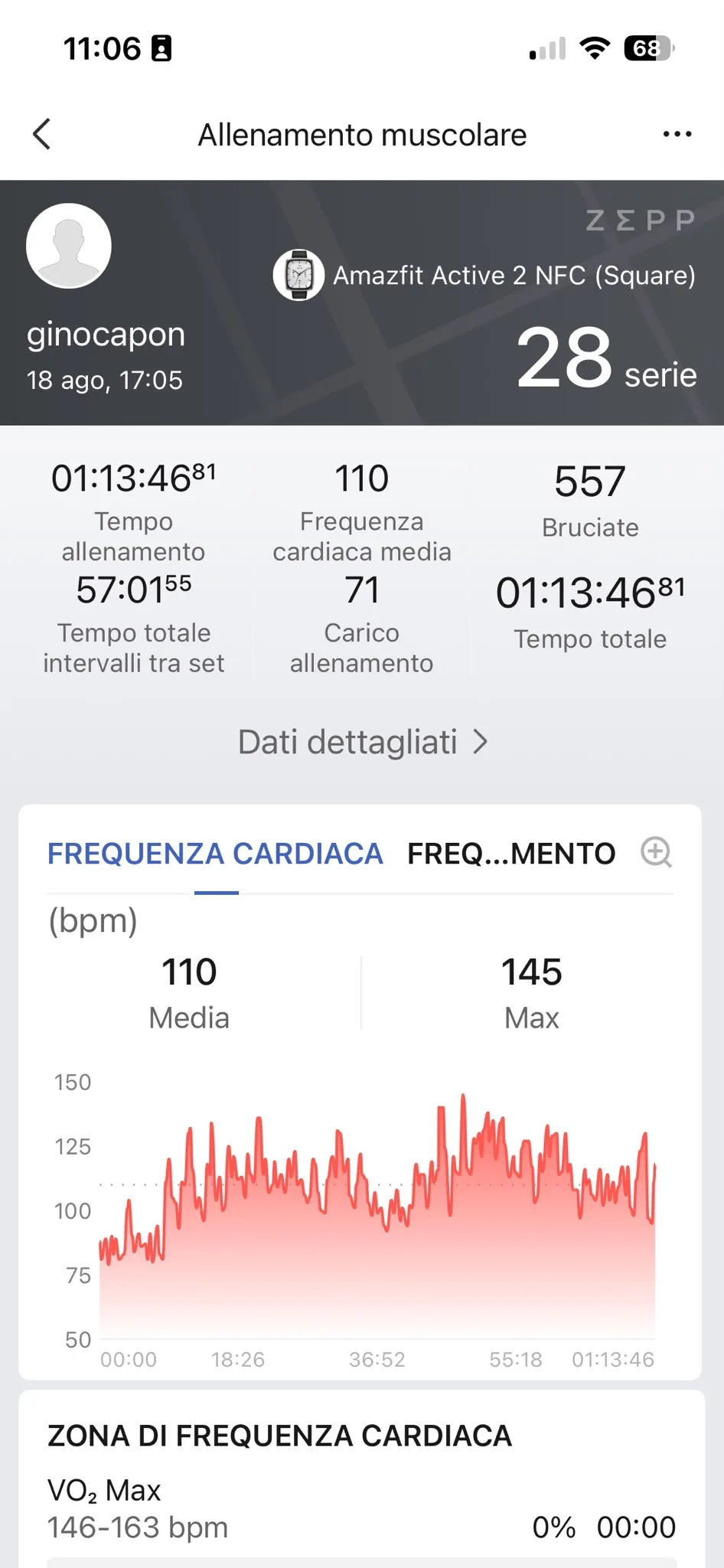 Grafico FC Zepp 18 agosto — media 110 max 145 bpm, allenamento muscolare gambe bicipiti