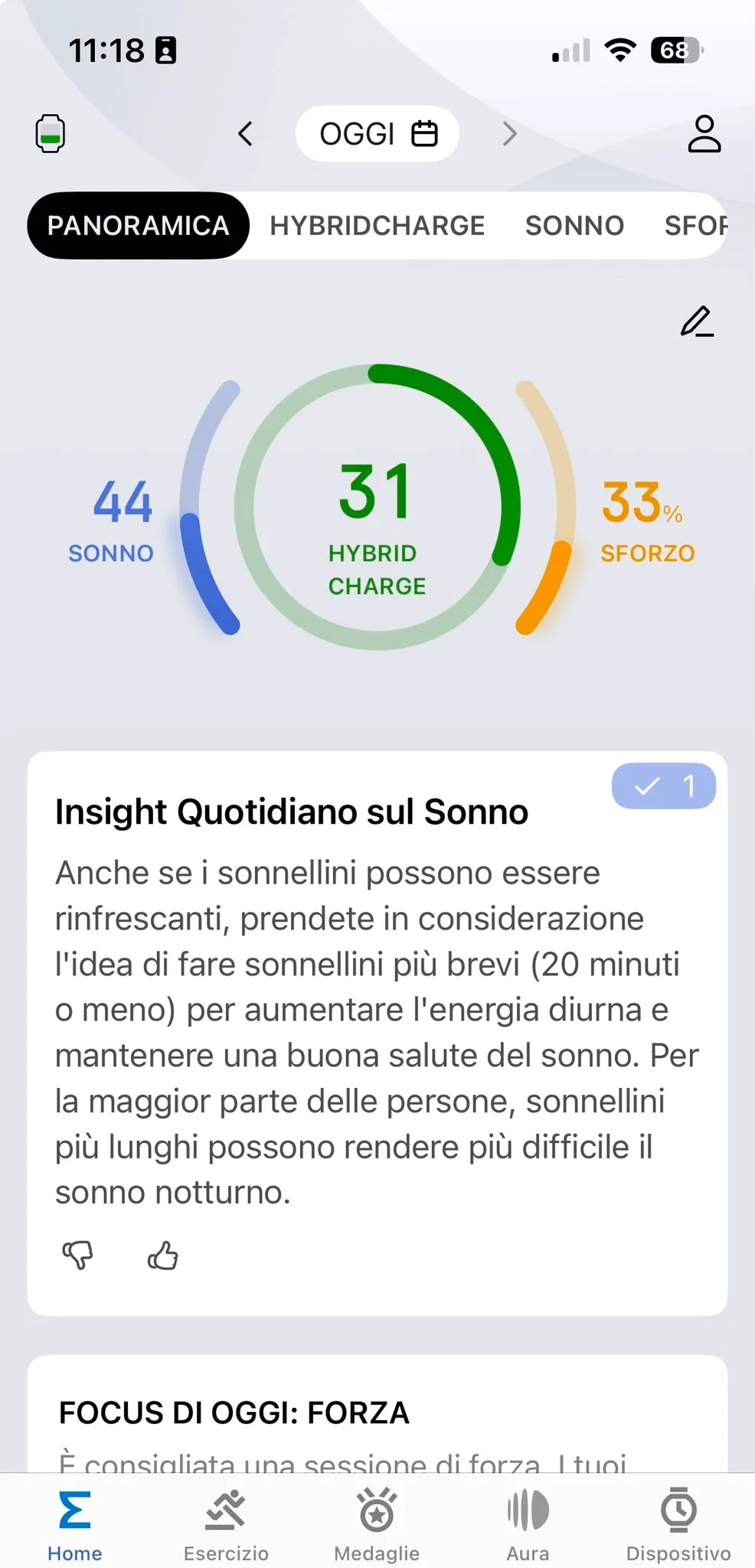 Panoramica Zepp 19 agosto — sonno 44, HybridCharge 31, sforzo 33%, focus FORZA, Gino Capon allenamento muscolare Italia