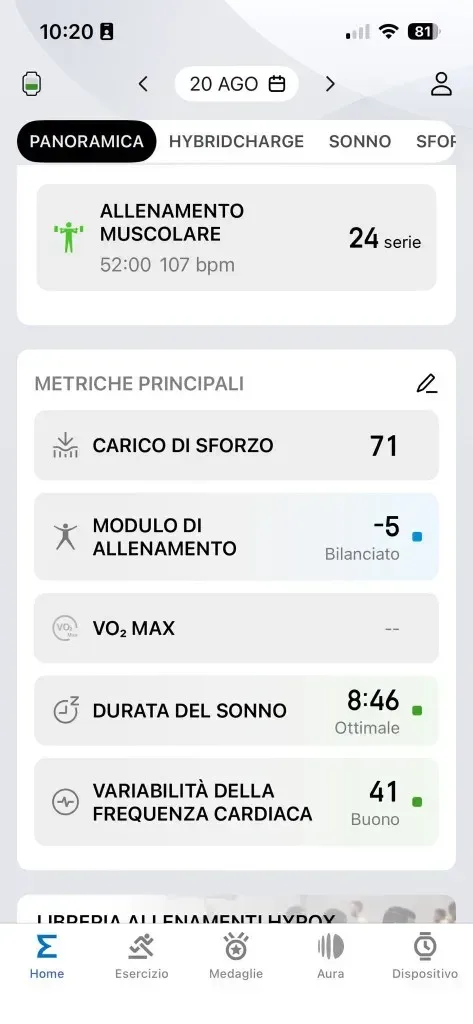 Panoramica Zepp 20 agosto — sonno 8:46 Ottimale, HRV 41 Buono, TSB −5 Bilanciato, carico sforzo 71