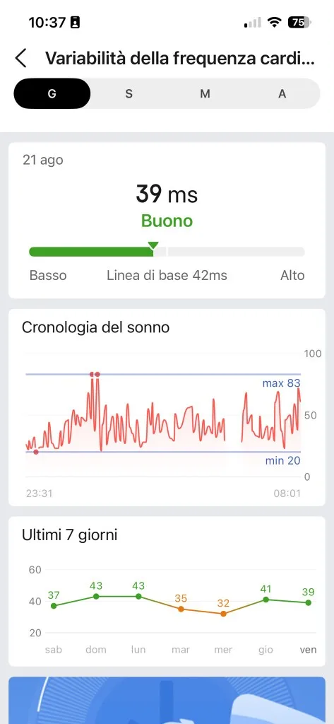 HRV Zepp 21 agosto — 39 ms Buono, baseline 42, trend 7 giorni