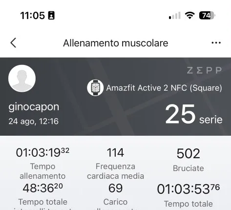 Riepilogo Zepp 24 agosto Scheda 1 — 25 serie, 502 kcal, FC 114 bpm, durata 01:03:19, carico 69, Gino Capon Amazfit