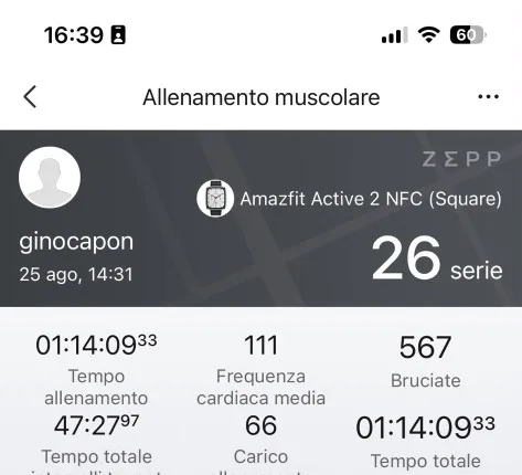 Riepilogo Zepp 25 agosto Scheda 2 — 26 serie, 567 kcal, FC 111 bpm, durata 01:14:09, carico 66, Gino Capon Amazfit