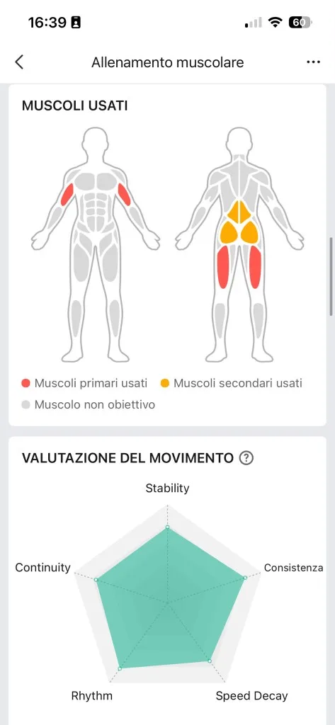 Muscoli usati e radar tecnica Zepp 25 agosto — femorali tricipiti primari, lombare glutei secondari