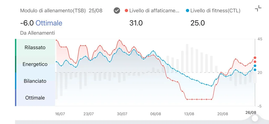 Modulo allenamento TSB Zepp — −6,0 Ottimale, CTL 25,0 ATL 31,0, andamento post seduta 25 agosto