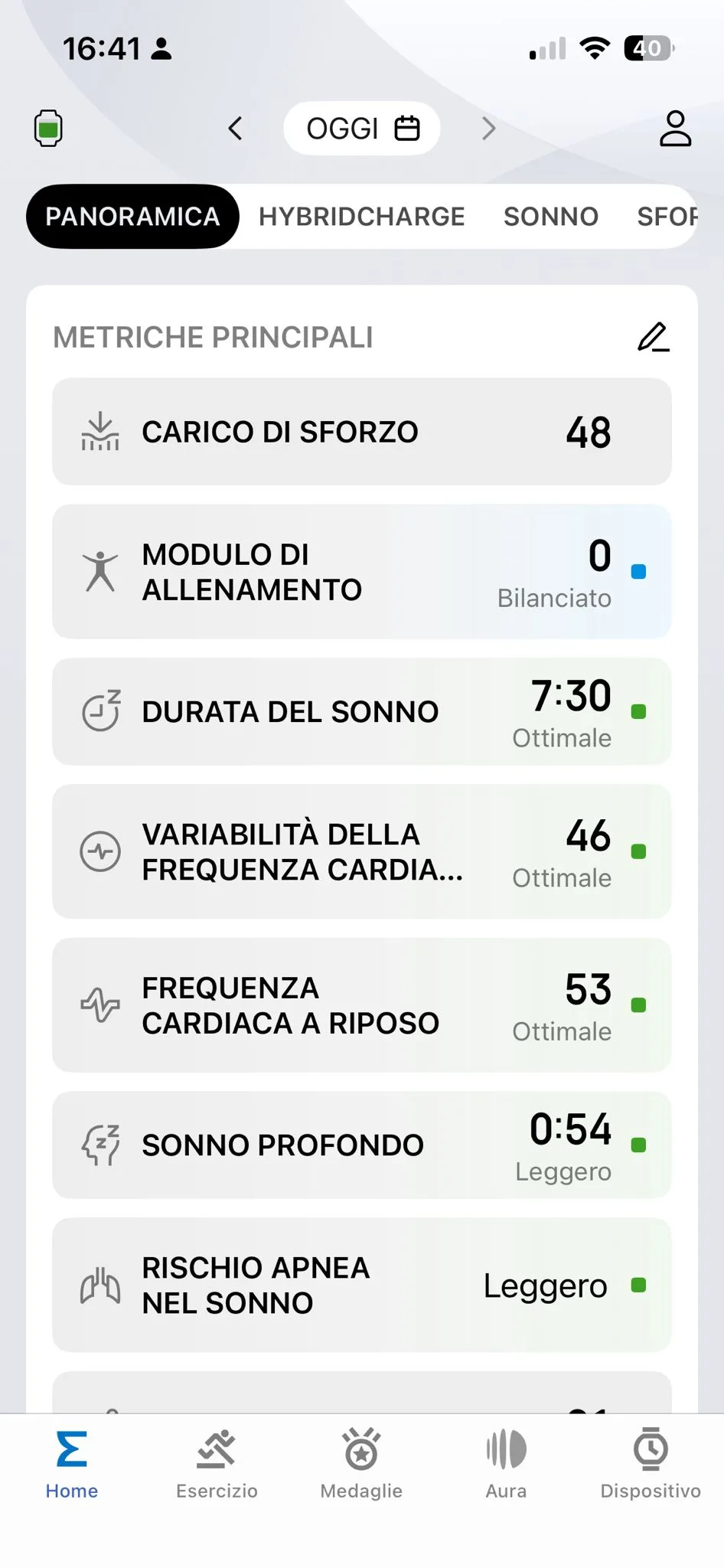 Metriche principali Zepp 28 agosto — carico sforzo 48, TSB 0 Bilanciato, sonno 7:30, HRV 46, FC riposo 53