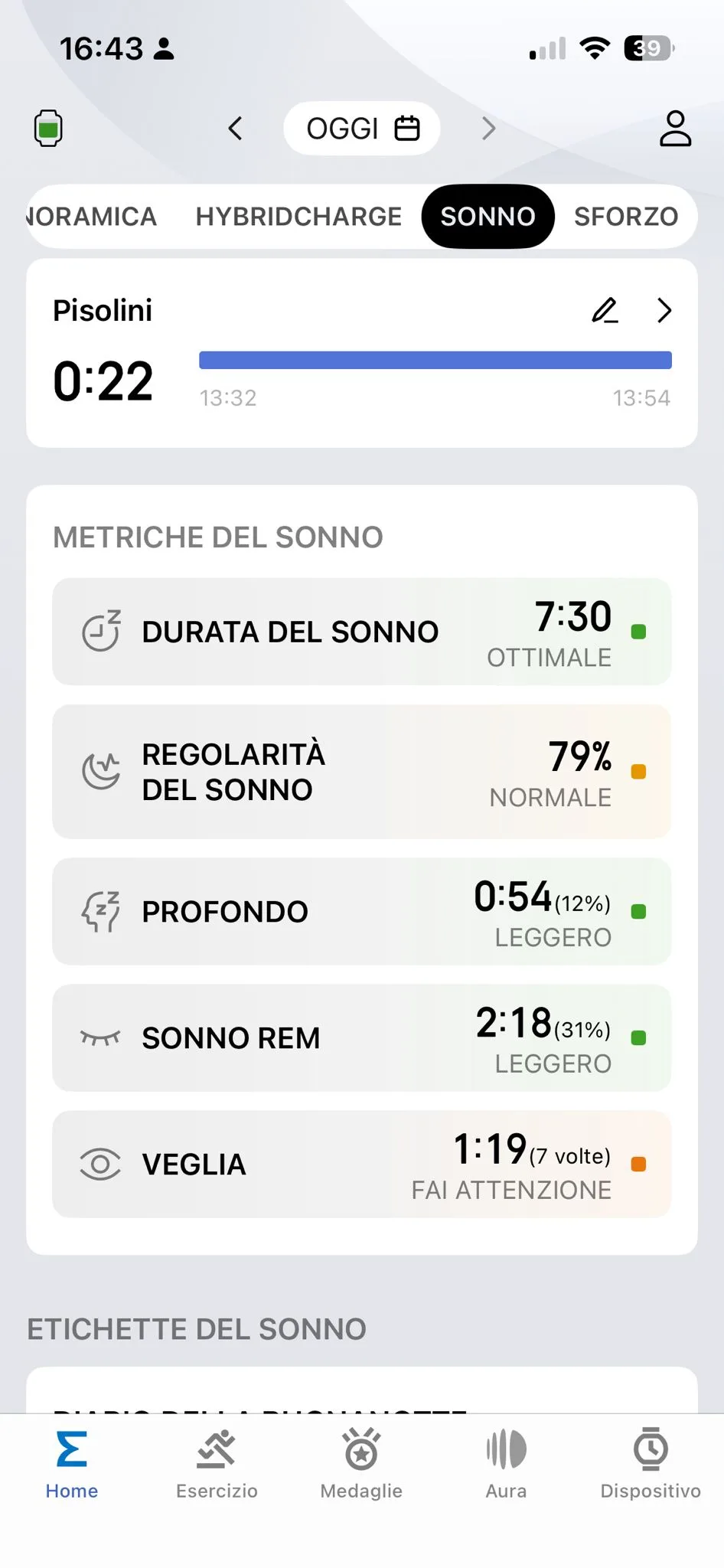 Metriche sonno Zepp 28 agosto — durata 7:30 Ottimale, REM 2:18, profondo 0:54, veglia 1:19