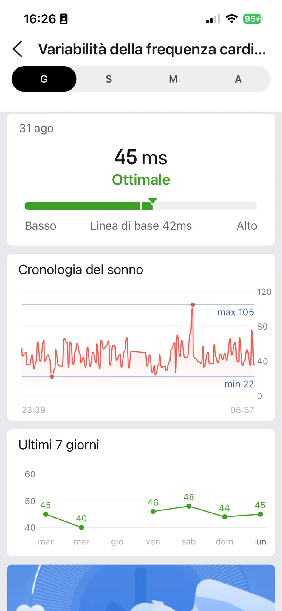 HRV Zepp 31 agosto — 45 ms Ottimale, baseline 42