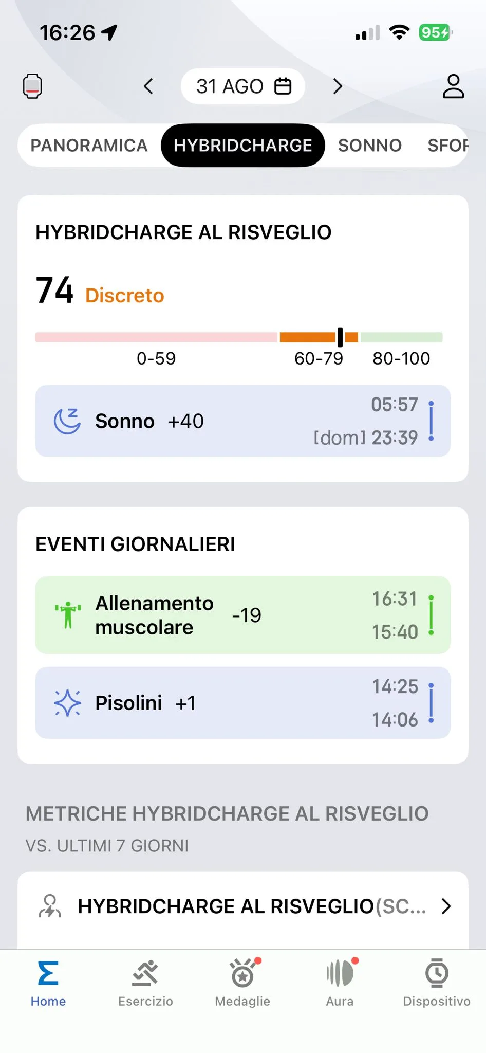 HybridCharge Zepp 31 agosto — 74 Discreto, sonno +40, allenamento 15:40–16:31