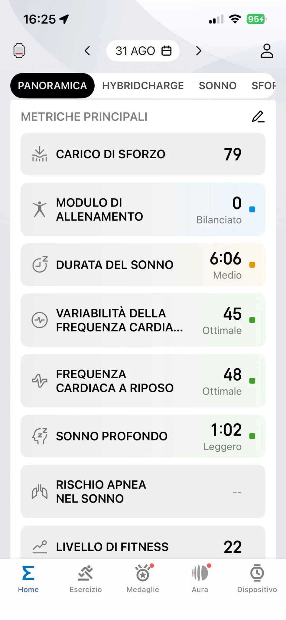 Metriche principali Zepp 31 agosto — carico sforzo 79, TSB 0 Bilanciato, sonno 6:06, HRV 45, FC riposo 48