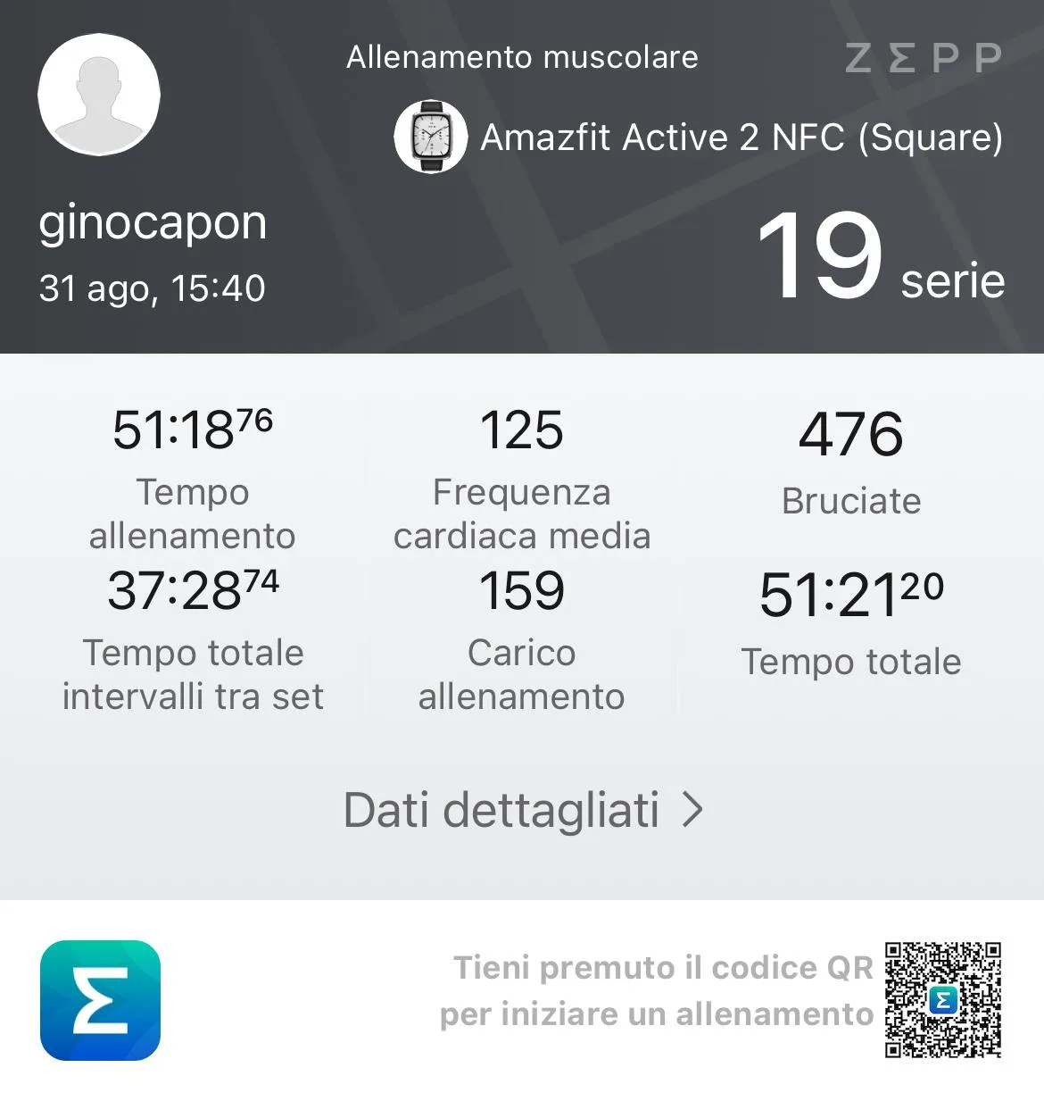 Riepilogo Zepp 31 agosto A1 — 19 serie, 476 kcal, FC 125 bpm, durata 51:18, carico 159