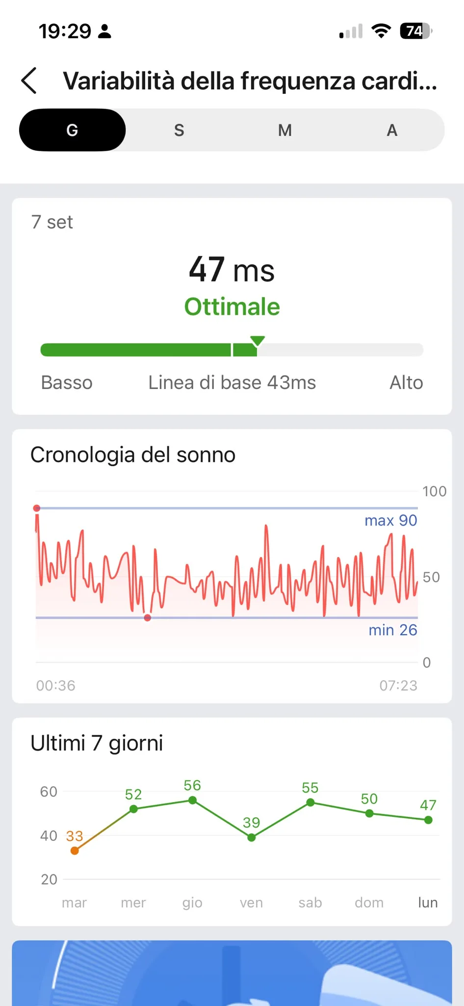 HRV 7 settembre — 47 ms Ottimale, baseline 43