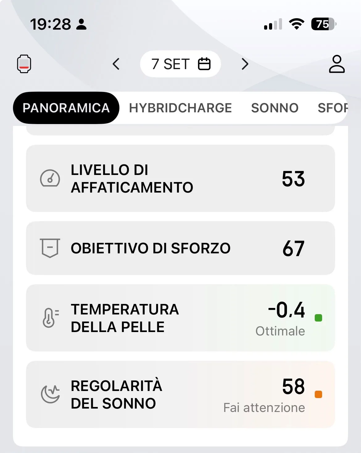 Metriche principali 7 settembre — affaticamento 53, obiettivo sforzo 67