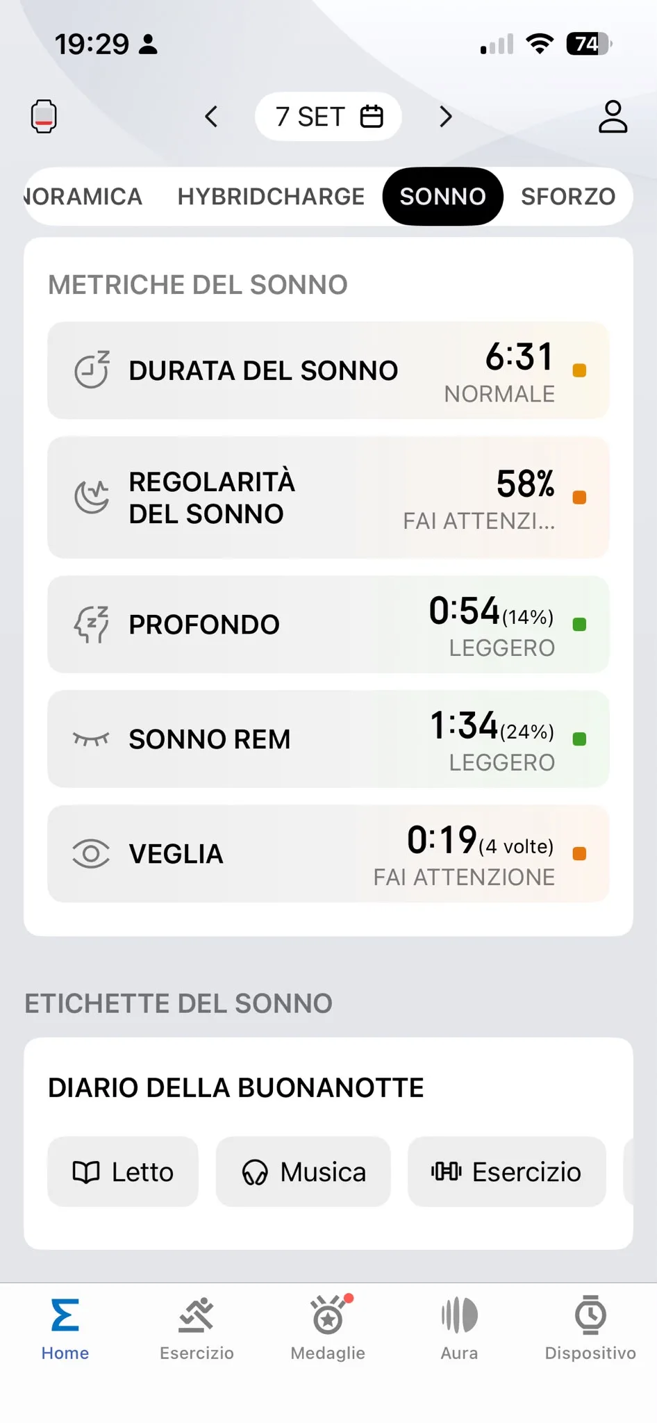 Sonno 7 settembre — 6:31 Normale, profondo 0:54, REM 1:34