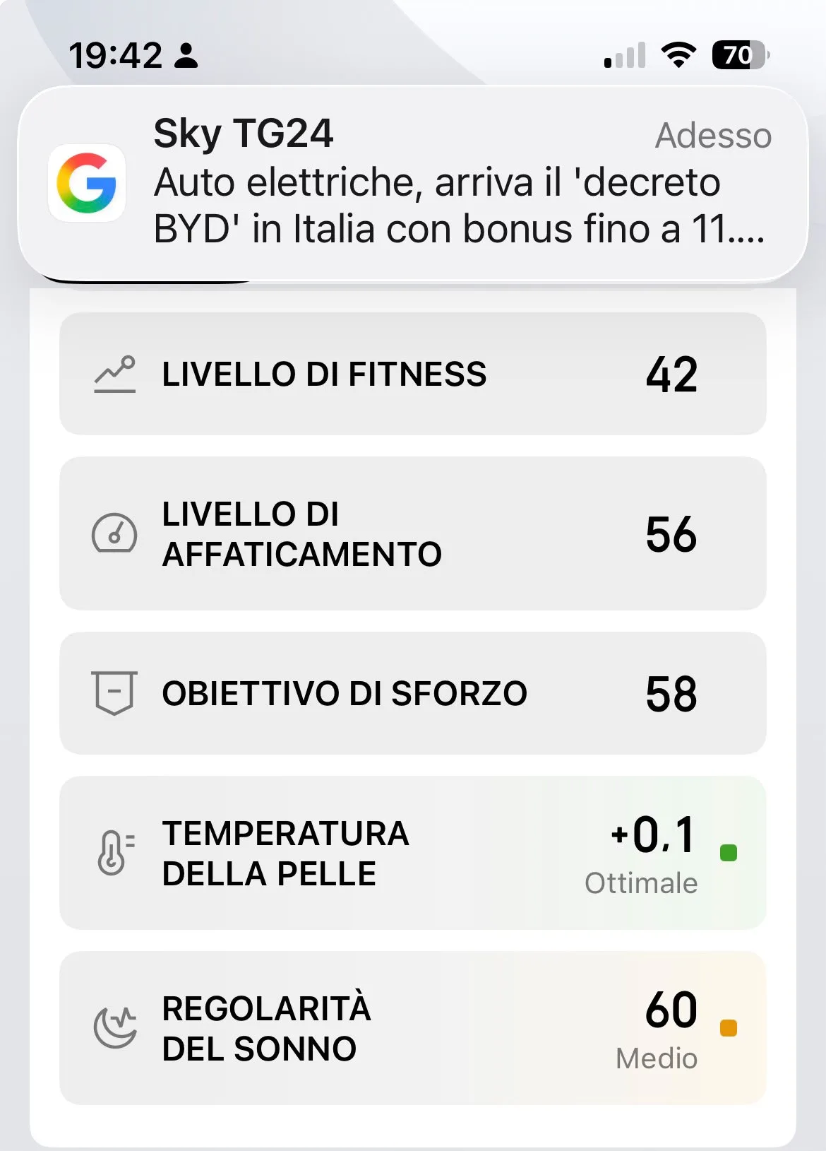 Metriche 8 settembre — fitness 42, affaticamento 56, obiettivo sforzo 58