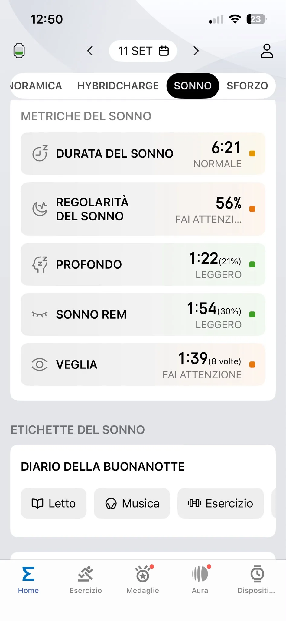 Sonno 12 settembre — 6:21, profondo 1:22, REM 1:54