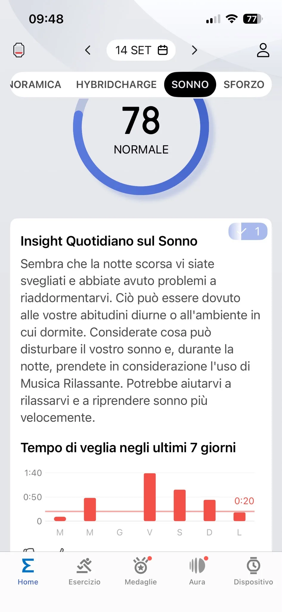 Score sonno Zepp 14 settembre — 78 Normale