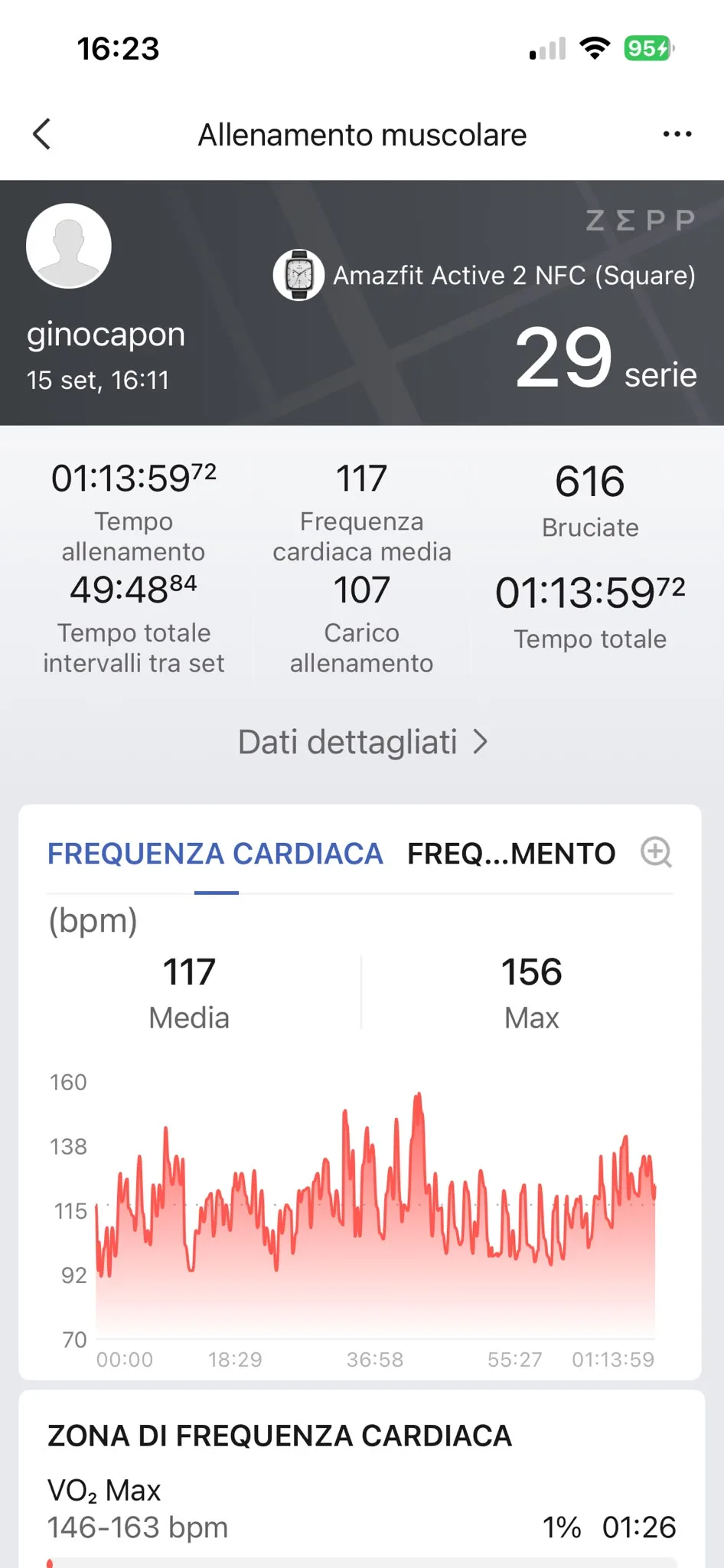 Grafico FC 15 settembre — media 117 max 156 bpm, 74 minuti