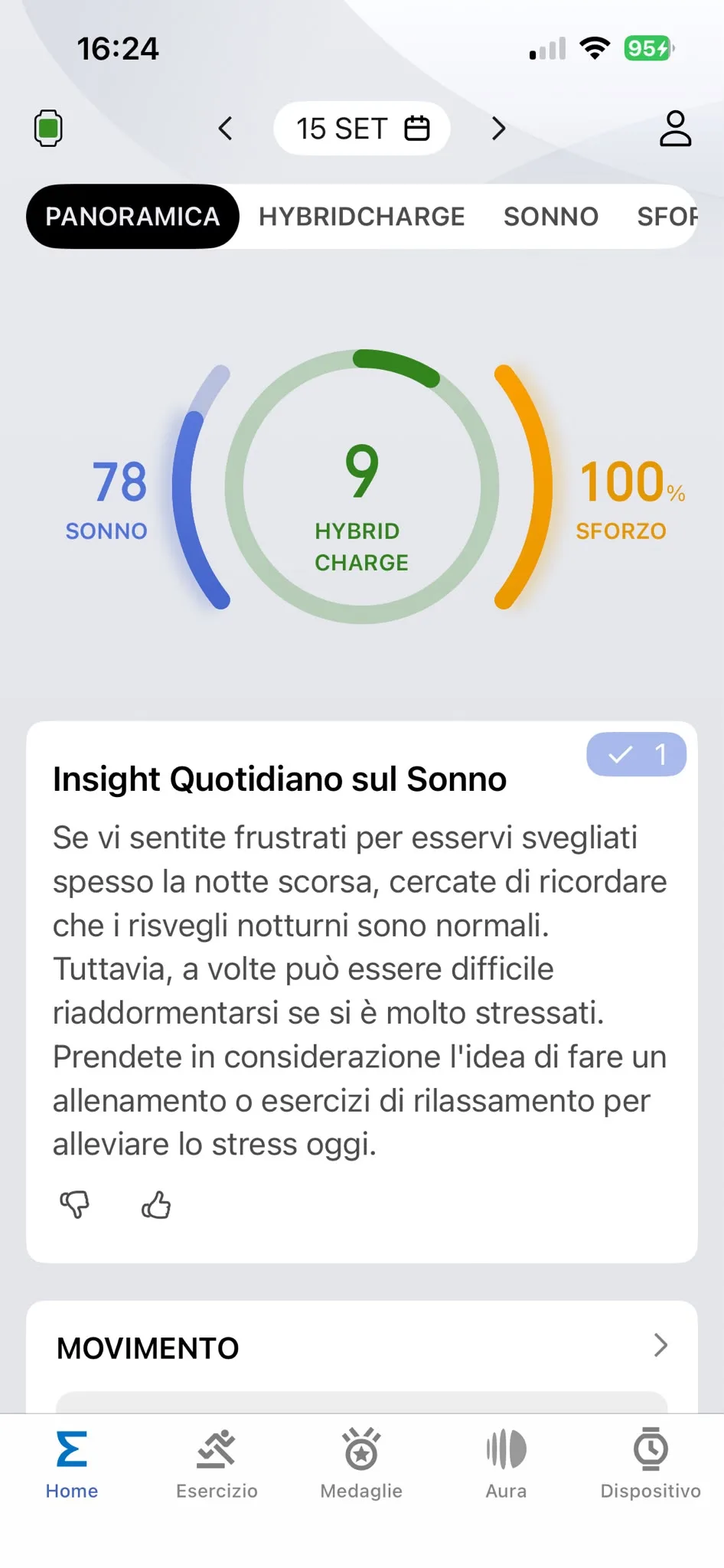 HybridCharge 15 settembre — sonno 78, sforzo 100%