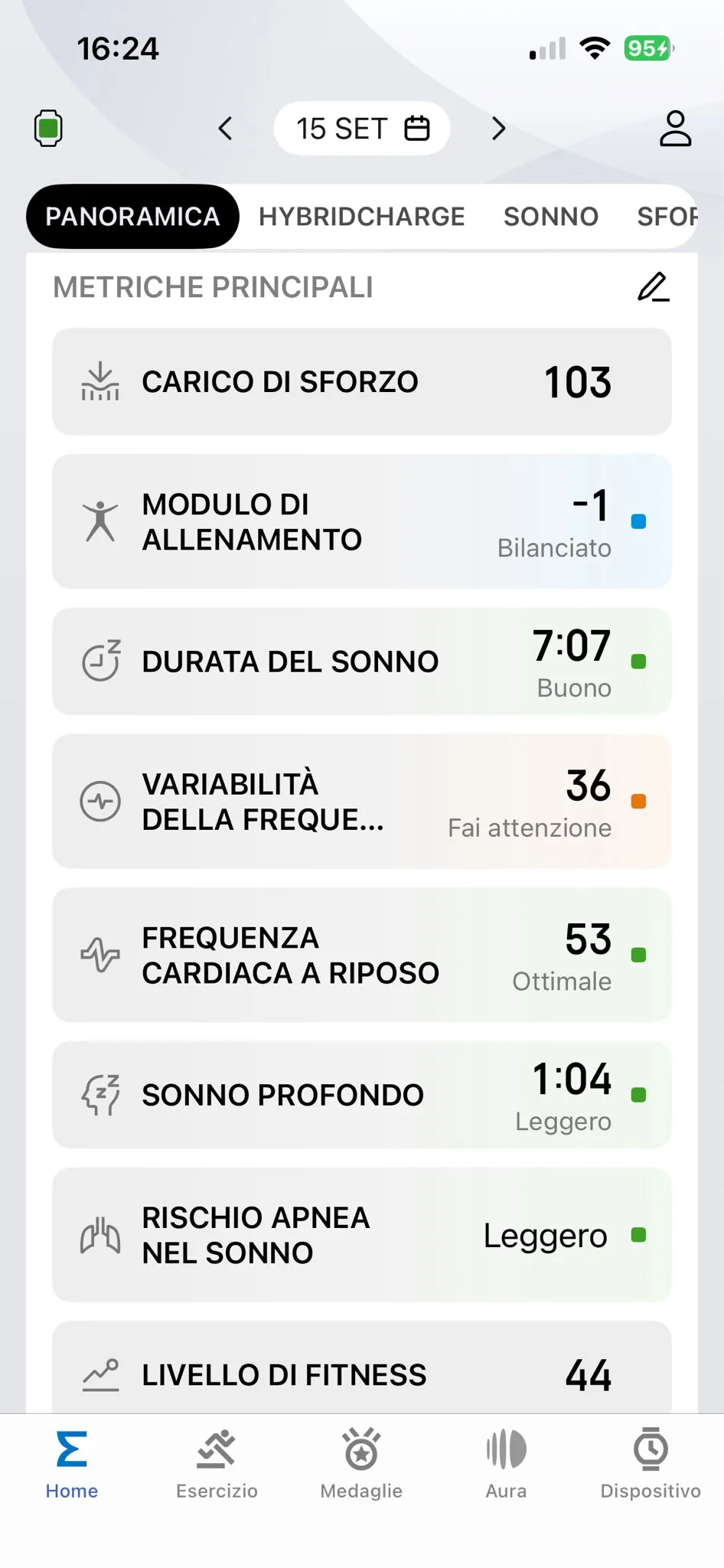 Metriche 15 settembre — carico sforzo 103, sonno 7:07, HRV 36