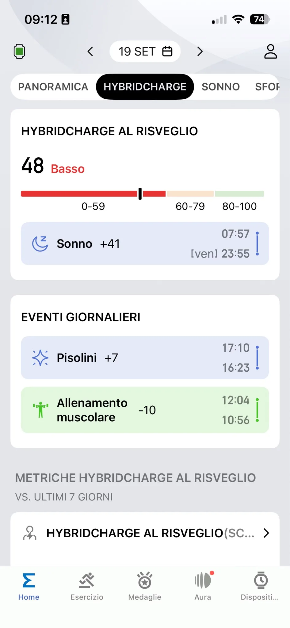 HybridCharge 19 settembre — risveglio 48 Basso, allenamento 10:56-12:04