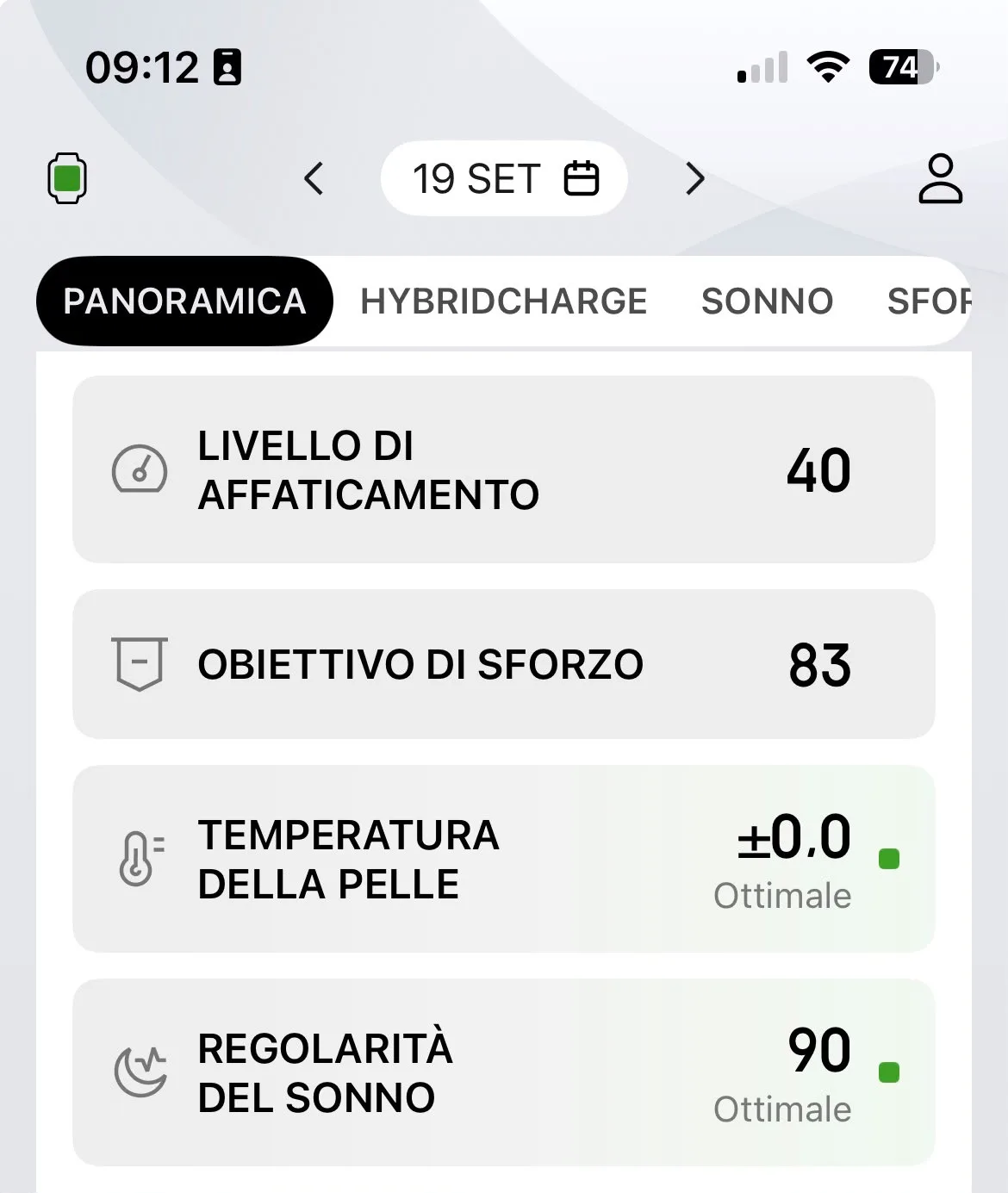 Dettaglio metriche 19 settembre — ATL 40, obiettivo sforzo 83