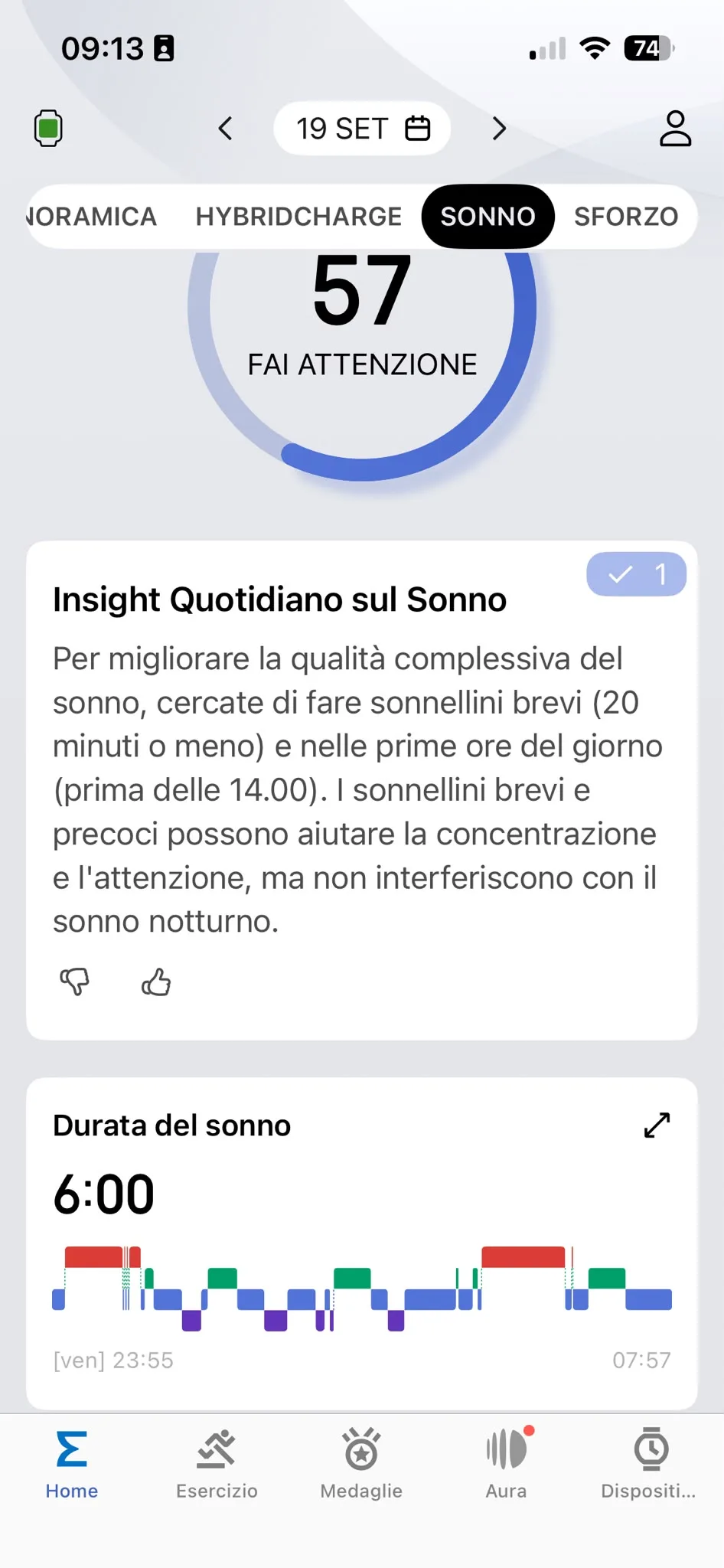 Sonno score 19 settembre — 57 Fai attenzione