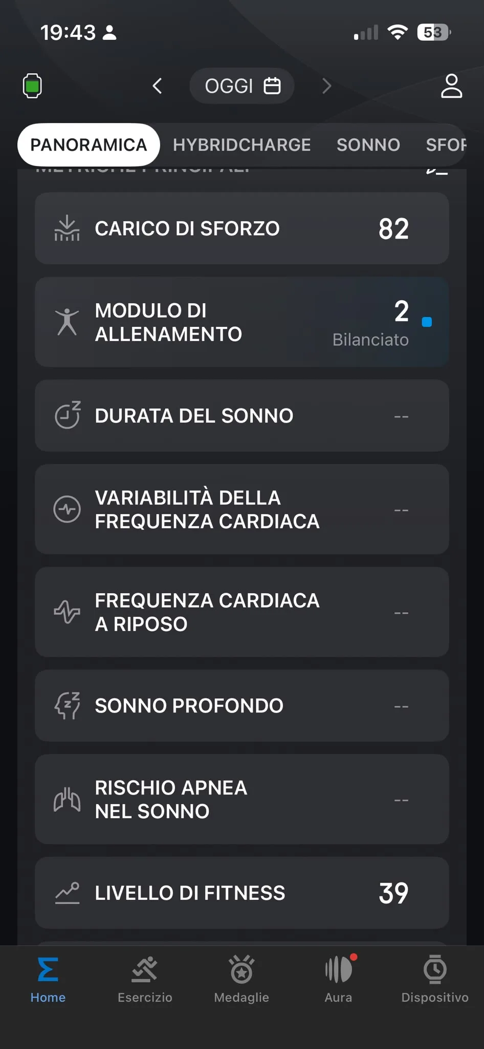 Panoramica 21 settembre — sforzo 82, fitness 39, TSB 2