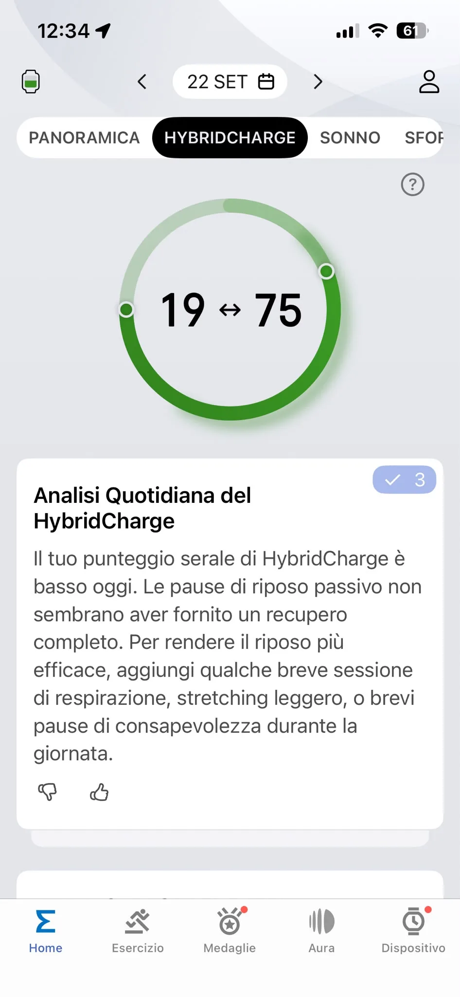 Analisi HybridCharge — punteggio serale basso 22 settembre
