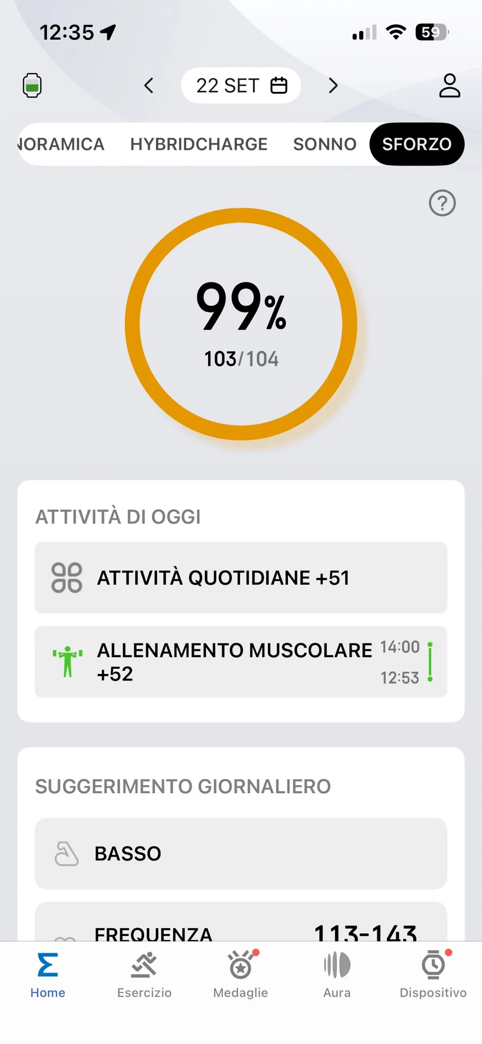 Sforzo 22 settembre — 99%, allenamento muscolare 12:53-14:00
