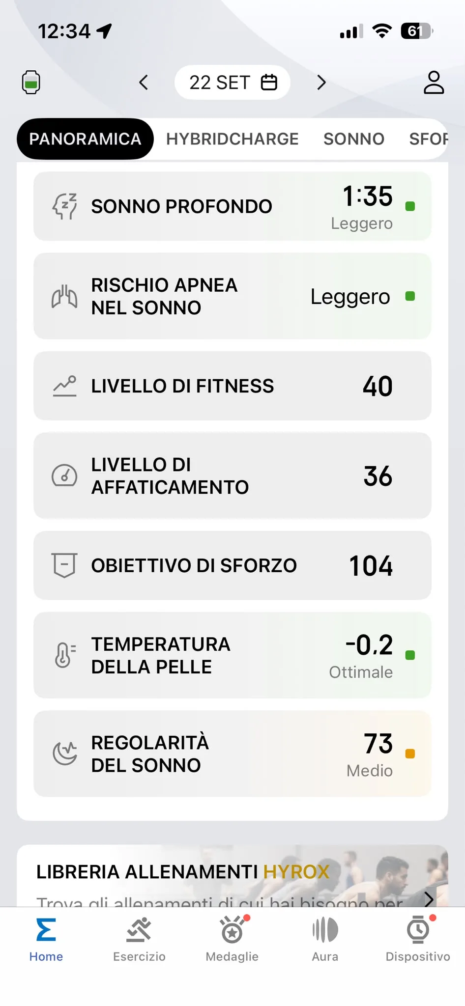 Dettaglio metriche 22 settembre — ATL 36, obiettivo sforzo 104