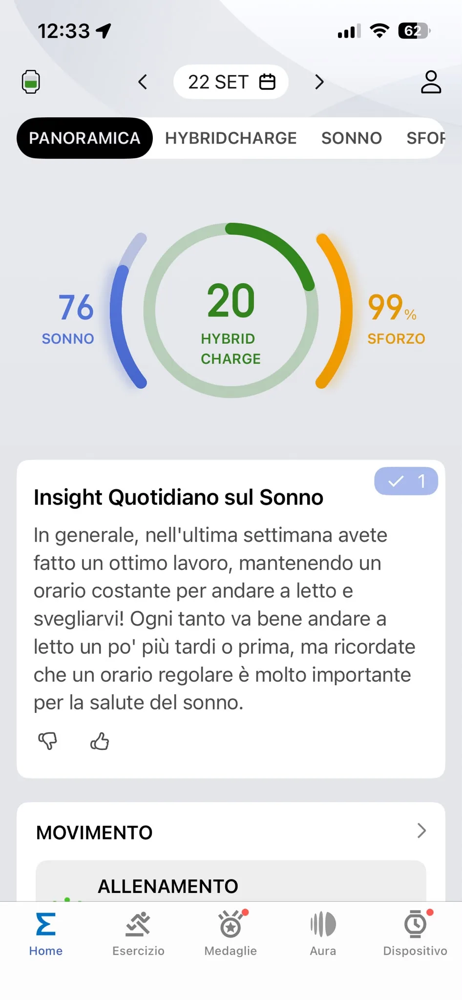 Panoramica 22 settembre — sonno 76, HybridCharge 20, sforzo 99%