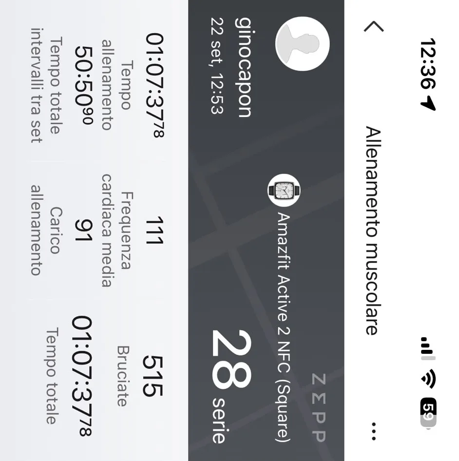 Riepilogo Zepp 22 settembre B1 — 28 serie, 515 kcal, FC 111, durata 01:07:38, carico 91