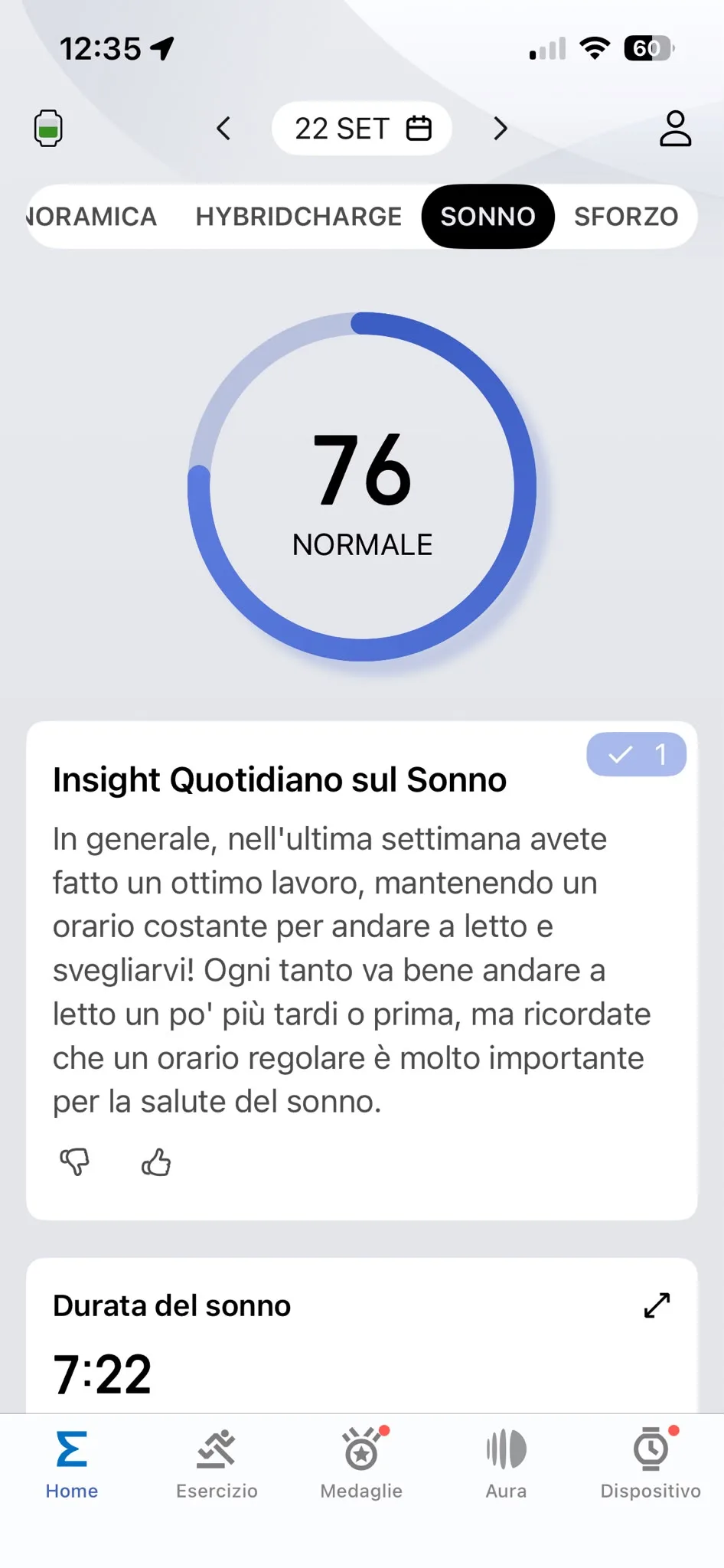 Sonno score 22 settembre — 76 Normale