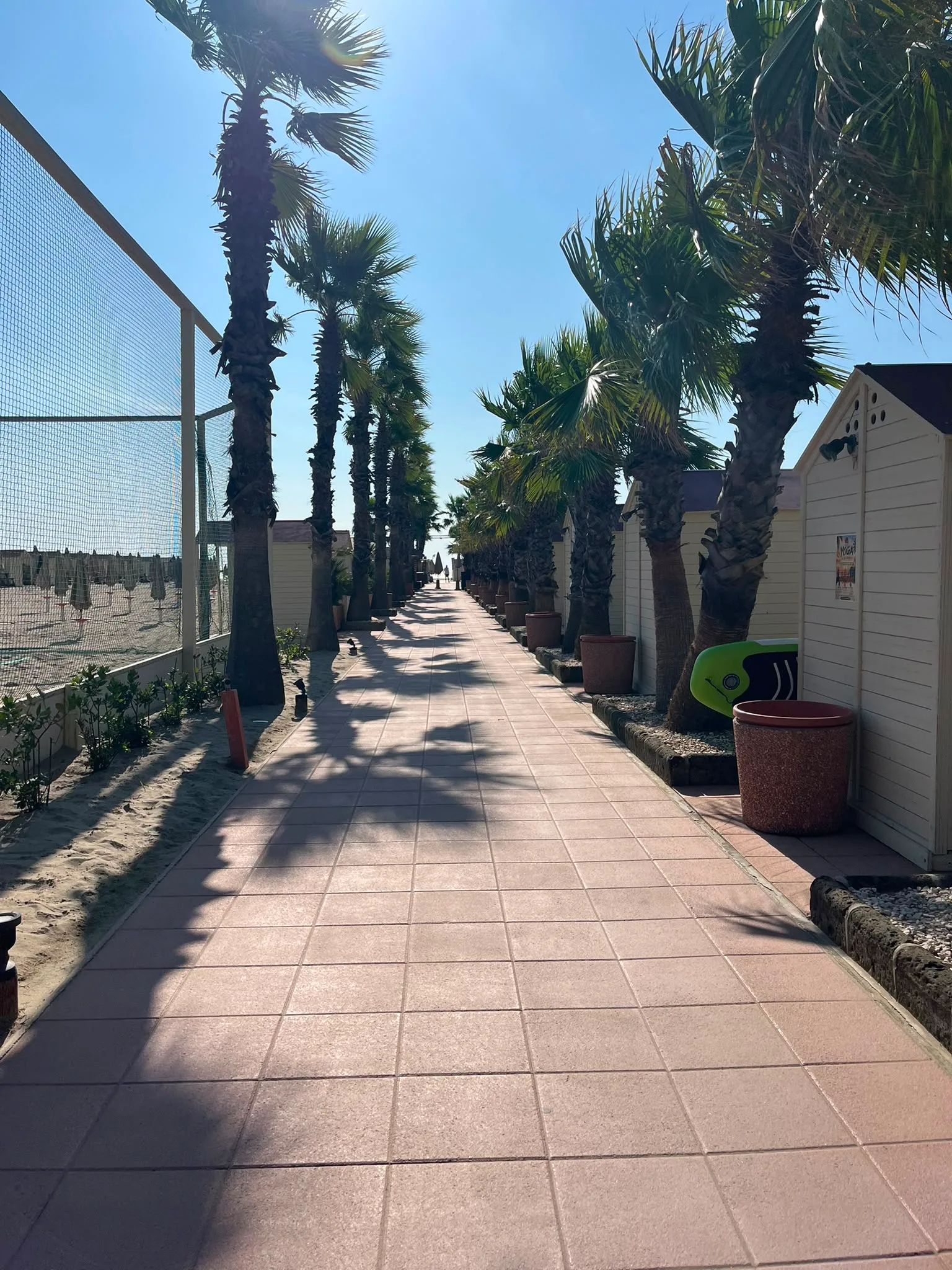 Viale dello stabilimento balneare con palme, ombre lunghe sul pavimento e campo sportivo recintato sullo sfondo